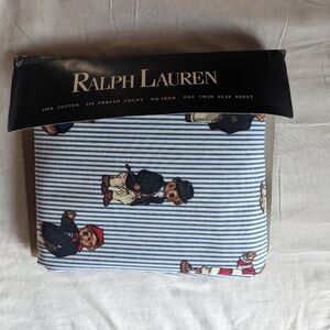 Ralph Lauren Blue Striped Sheet with Bear Motif
